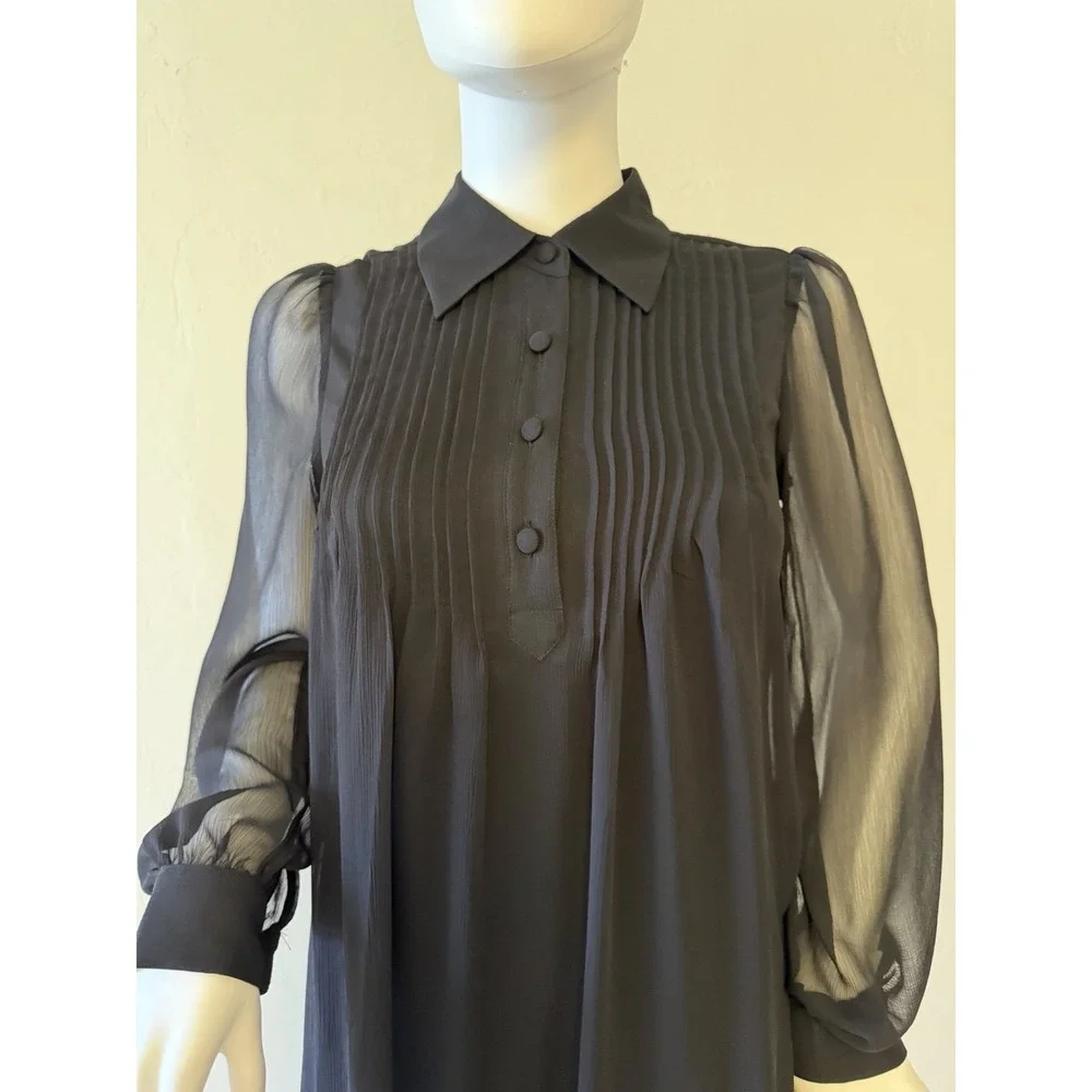 NINE WEST Shift‎ Dress Balloon Sleeve Black Chiffon Pleated Button Accent  XS